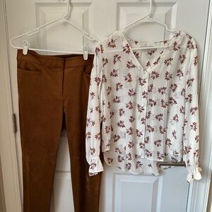 LOFT 2 piece set - suede look pants and matching ruffle sleeve blouse